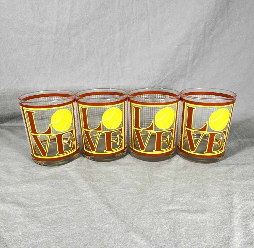 Vtg MCM Cera Tennis LOVE Glasses Lowball Rocks Glasses Pop Art Set of 4 Signed